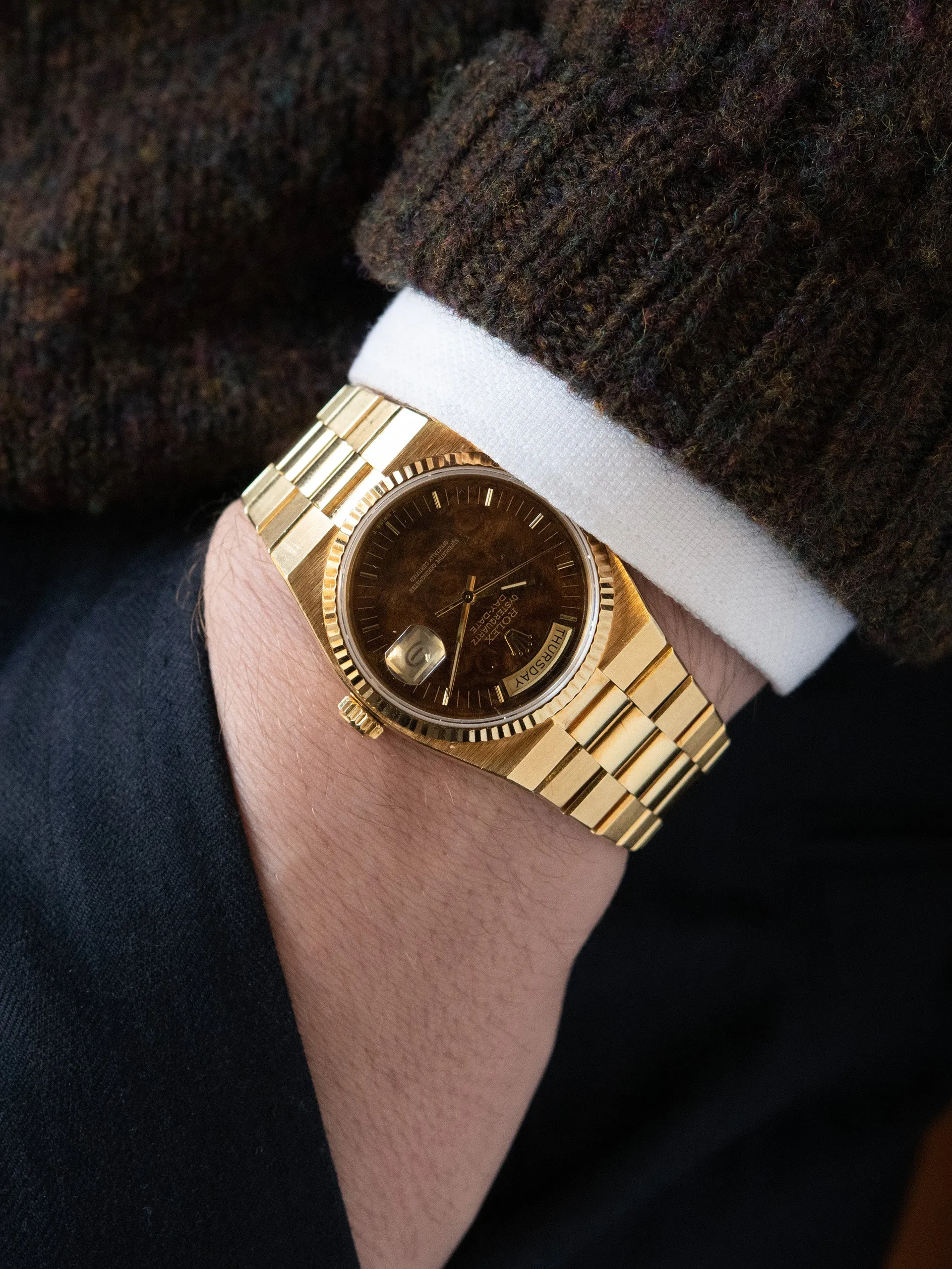 *Unpolished* 1979 Rolex Oysterquartz Day-Date 18K YG (Ref. 19018) Burlwood Dial W/ Box & Papers