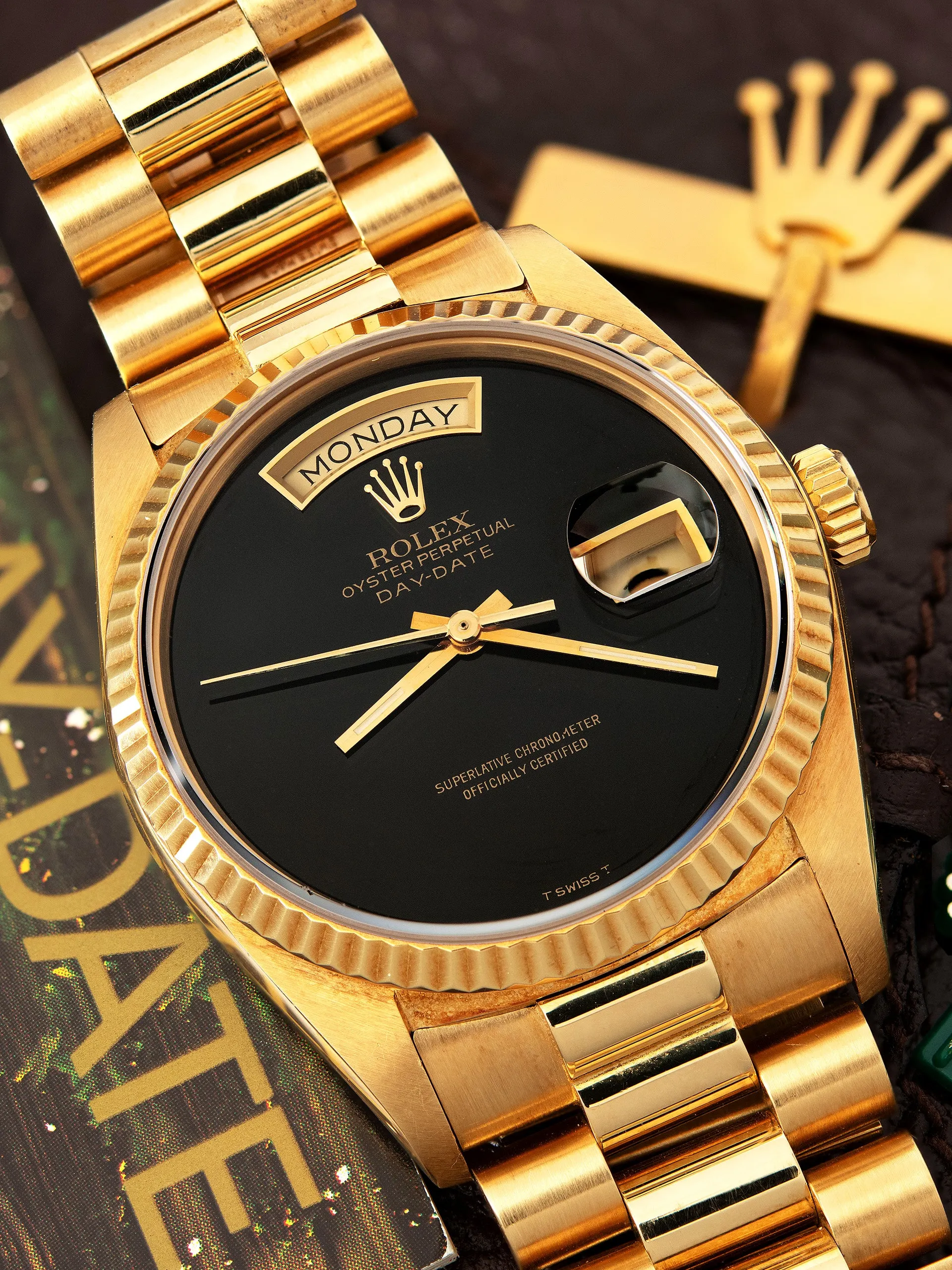 *Unpolished* 1986 Rolex Day-Date 18K YG (Ref. 18038) Onyx Stone Dial W/ Box & Papers