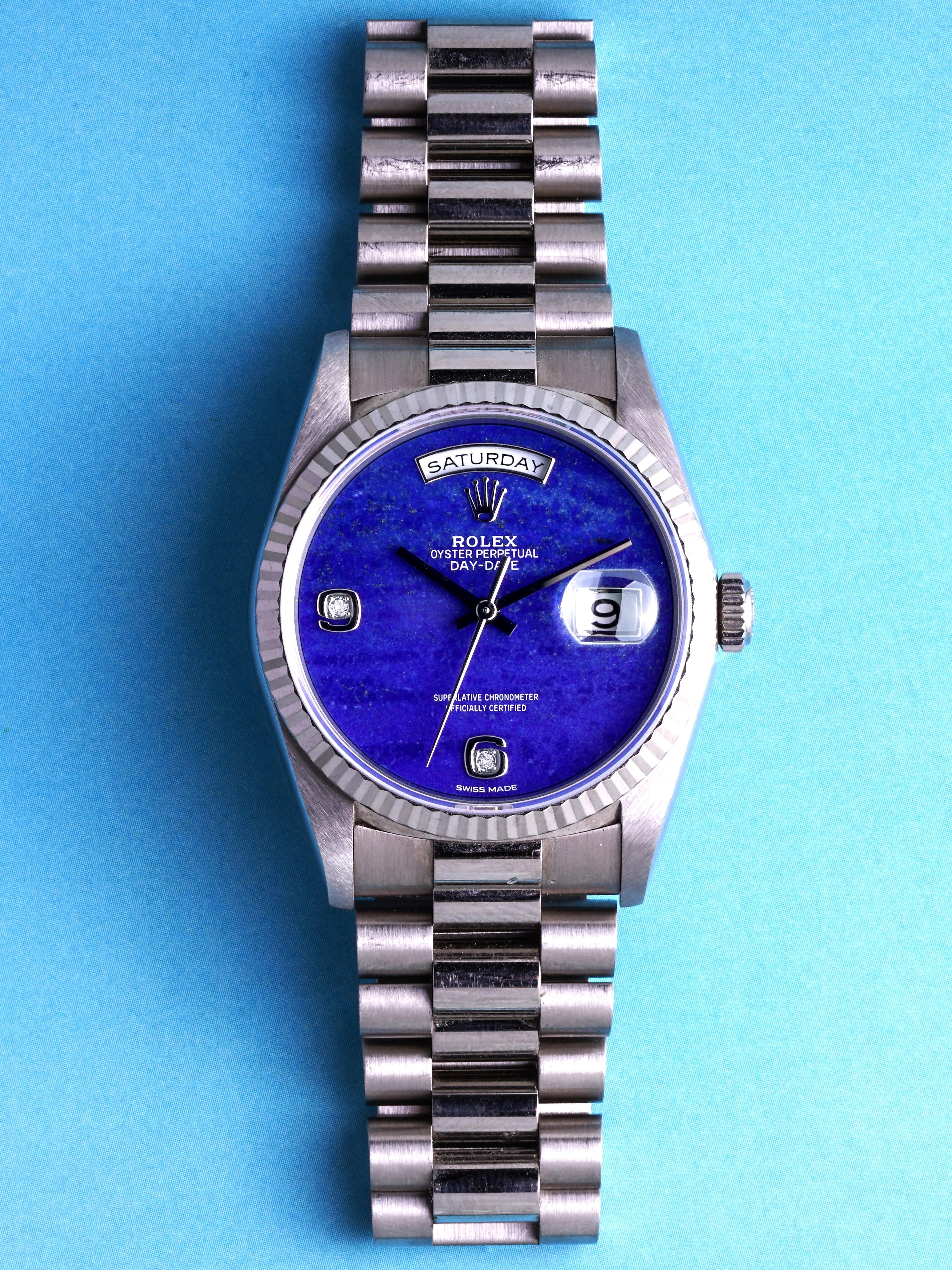 *Unpolished* 1991 Rolex Day-Date (Ref. 18239) 18k WG Lapis Dial W/ Box, Hangtags & RSC Card