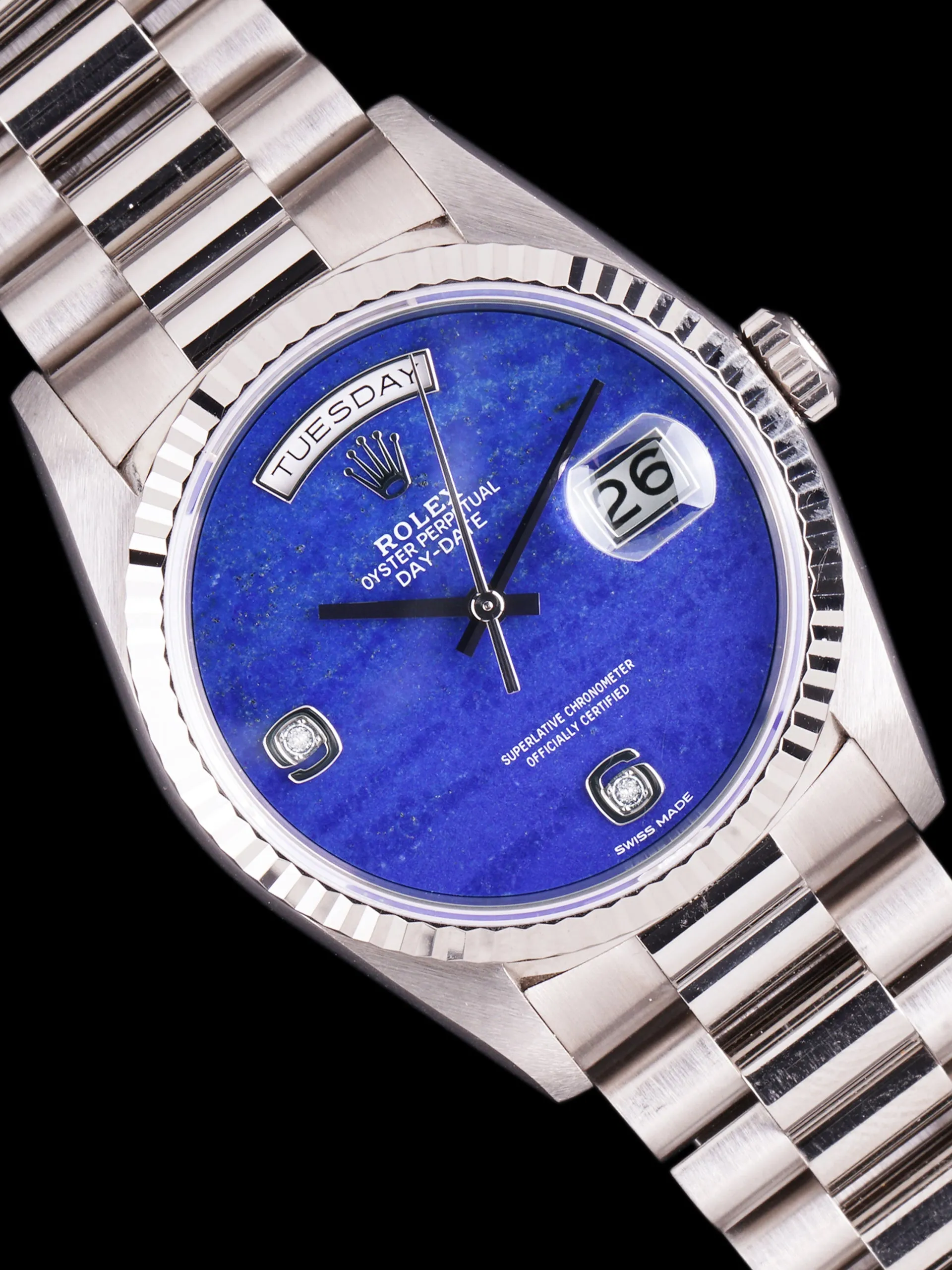 *Unpolished* 1991 Rolex Day-Date (Ref. 18239) 18k WG Lapis Dial W/ Box, Hangtags & RSC Card