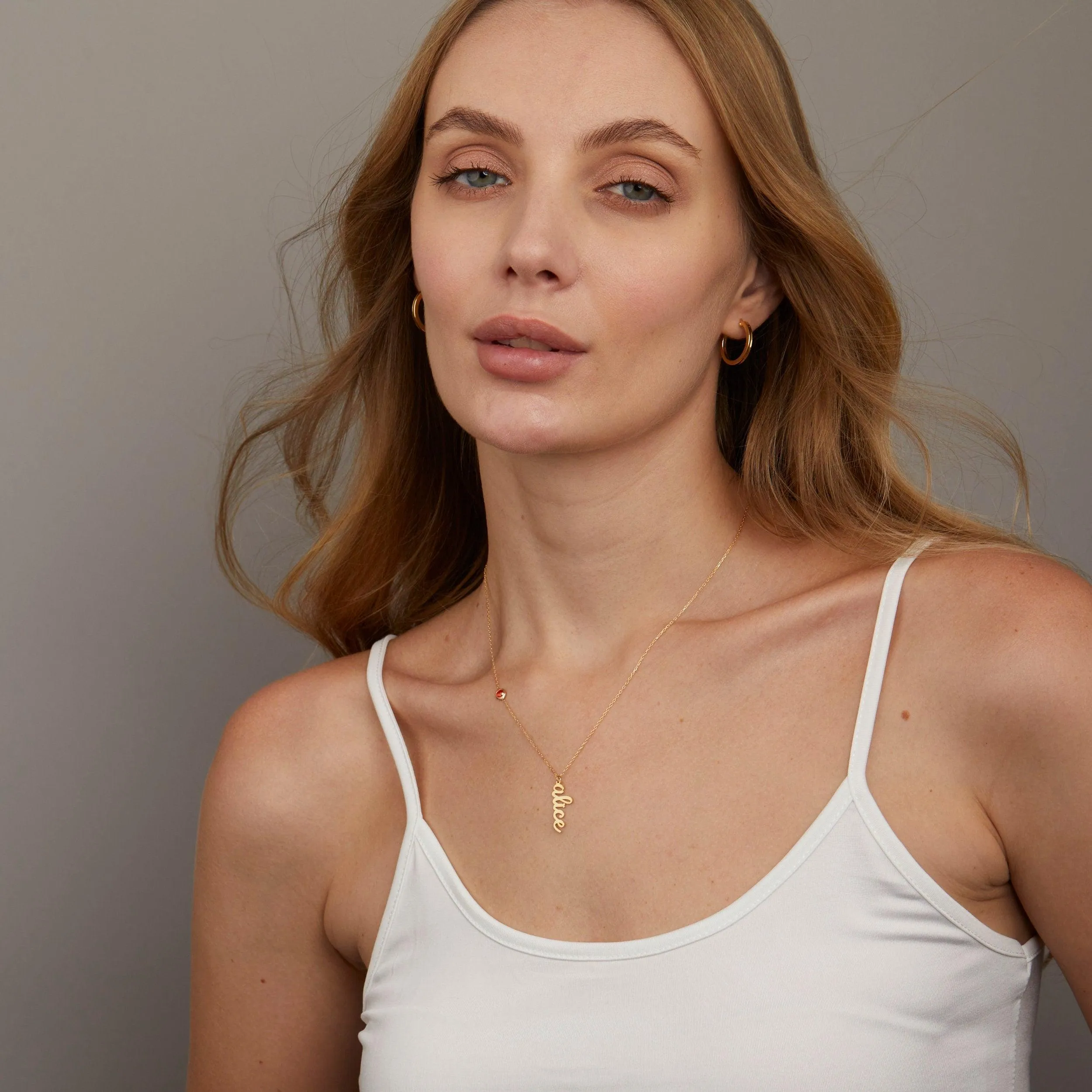 Vertical Name Necklace with Birthstone - 18K Gold Vermeil