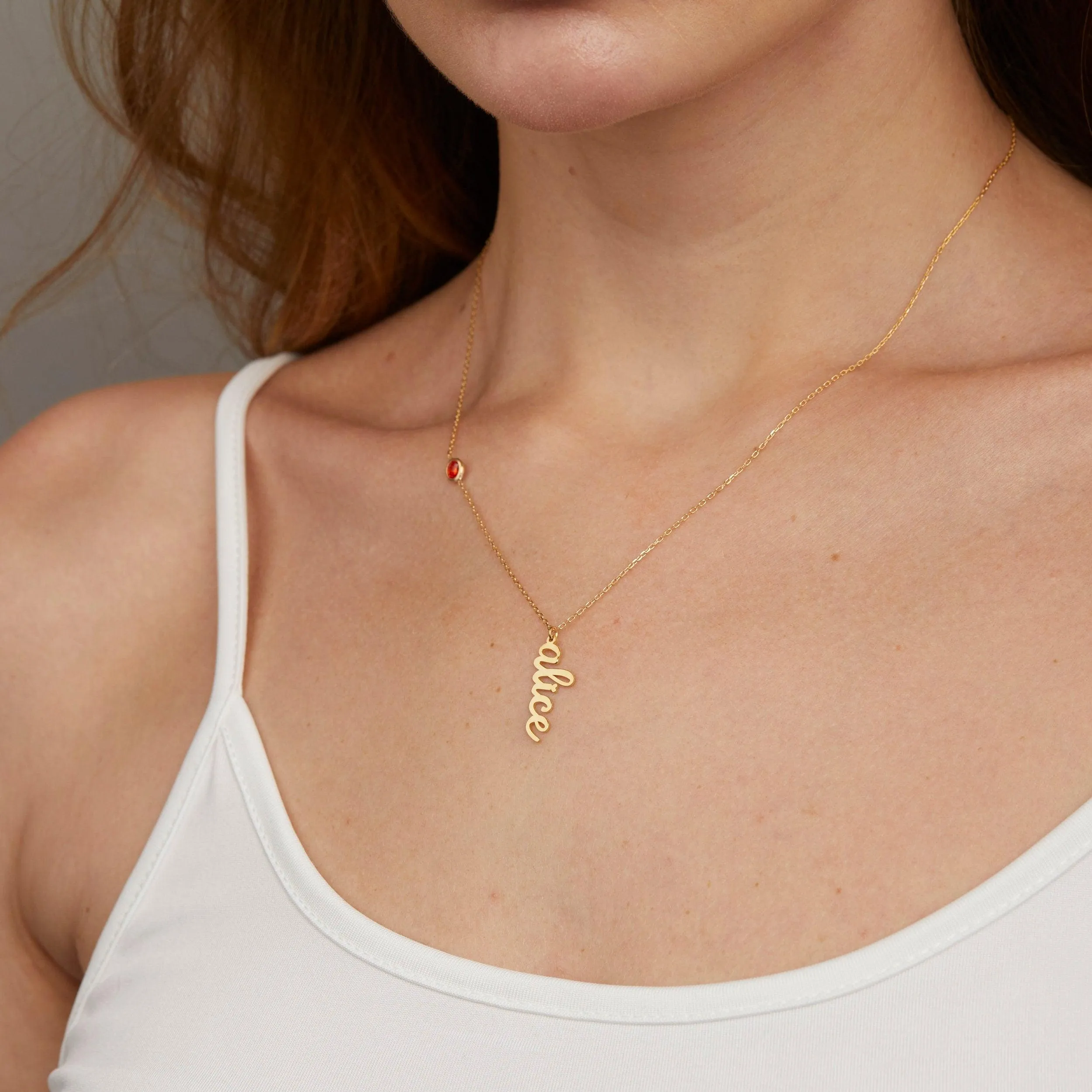 Vertical Name Necklace with Birthstone - 18K Gold Vermeil