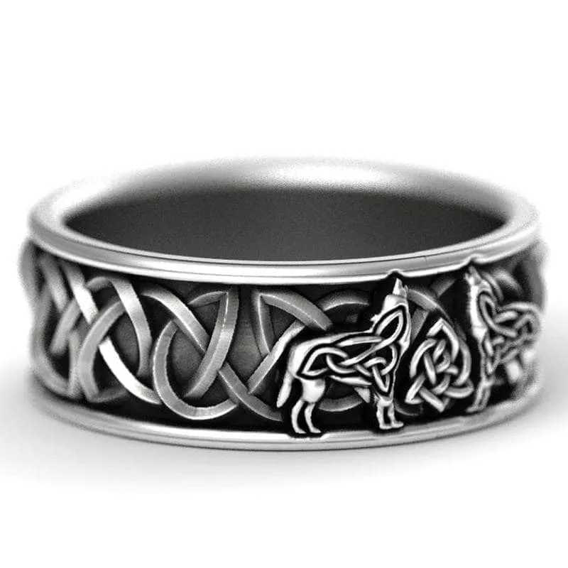 Viking Geri & Freki Wolves Celtic Knot Ring