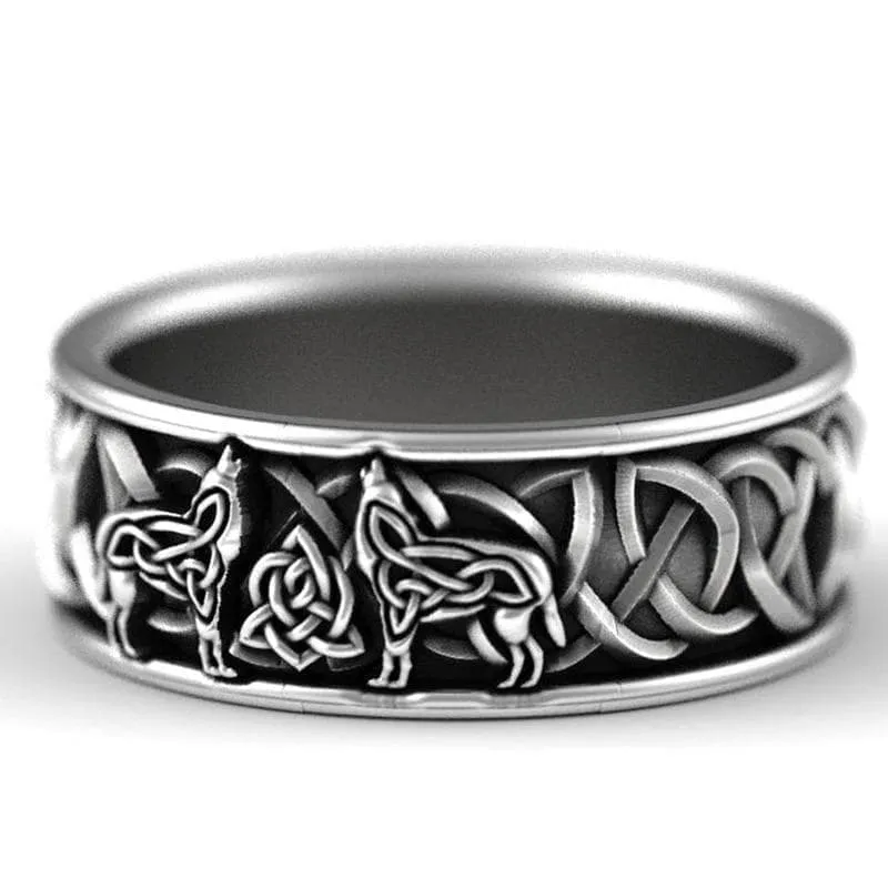 Viking Geri & Freki Wolves Celtic Knot Ring