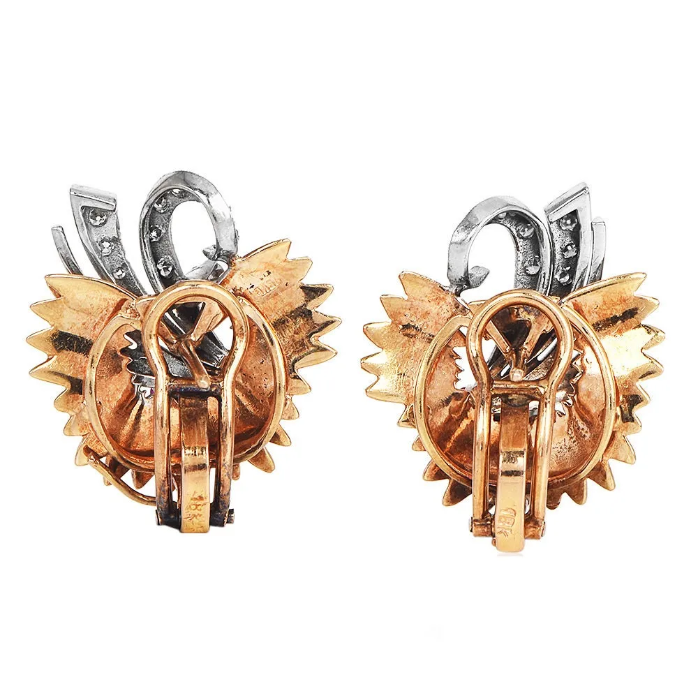 Vintage 1940s Retro Two Tone Rose and White Gold Diamond and Ruby Feather Spray Earrings