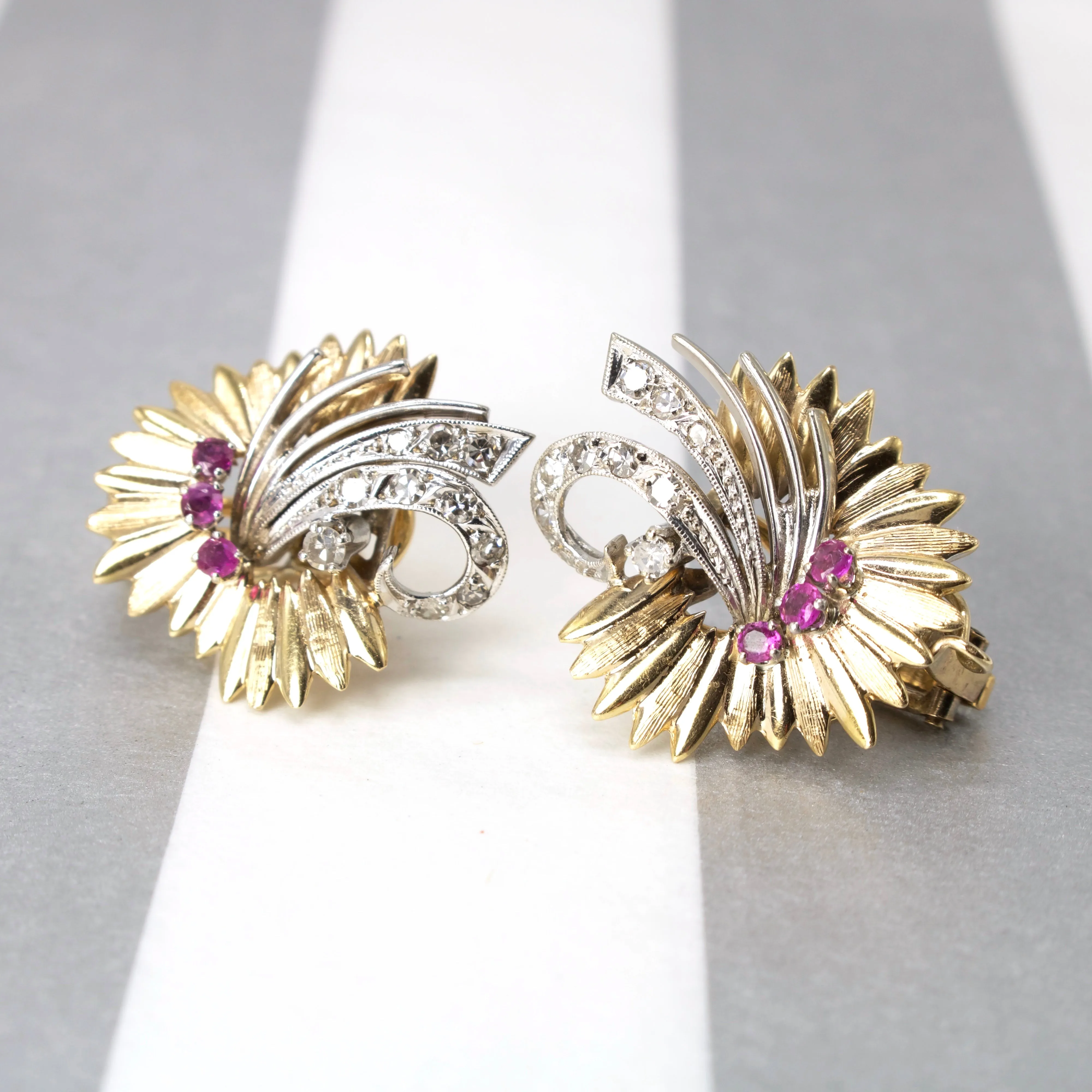 Vintage 1940s Retro Two Tone Rose and White Gold Diamond and Ruby Feather Spray Earrings