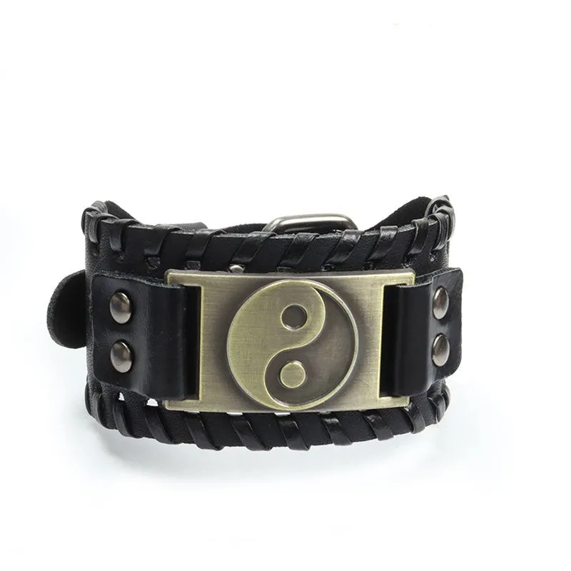 Vintage Gossip Wide Leather Bracelet Men's Braided Buckle Bracelet