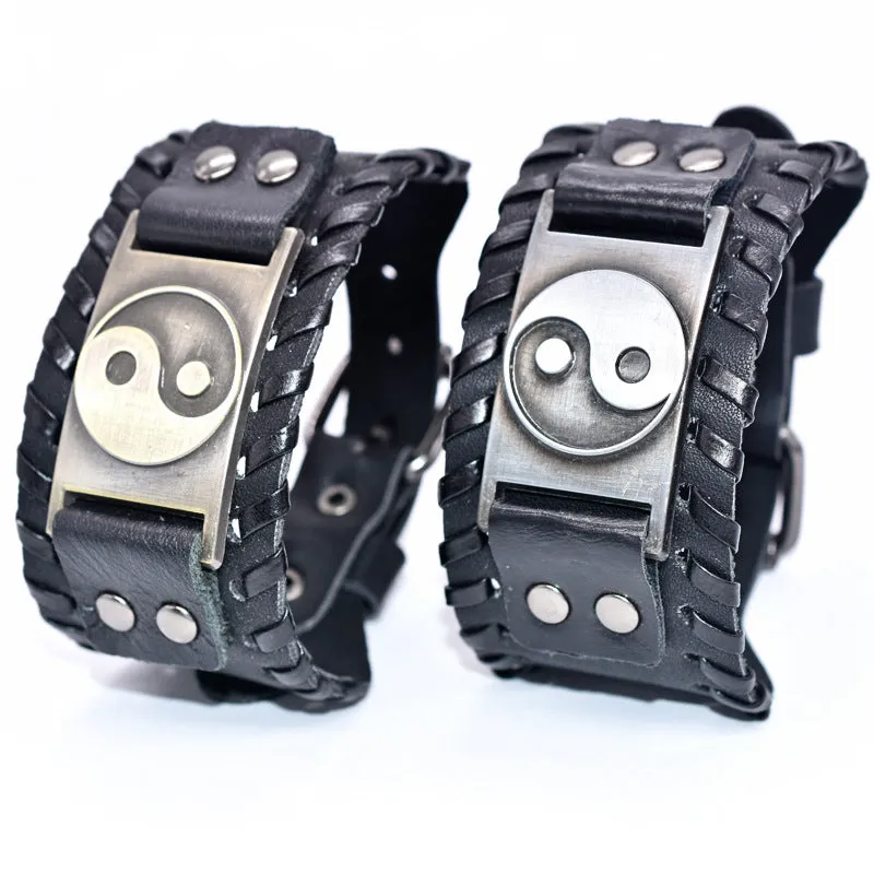 Vintage Gossip Wide Leather Bracelet Men's Braided Buckle Bracelet