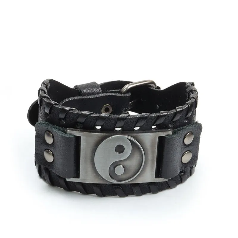 Vintage Gossip Wide Leather Bracelet Men's Braided Buckle Bracelet