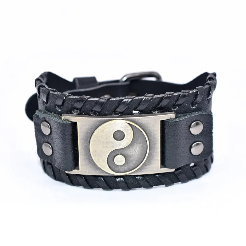 Vintage Gossip Wide Leather Bracelet Men's Braided Buckle Bracelet