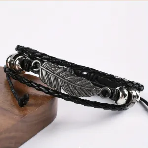 Vintage Leaf Leather Bracelet Adjustable Rope