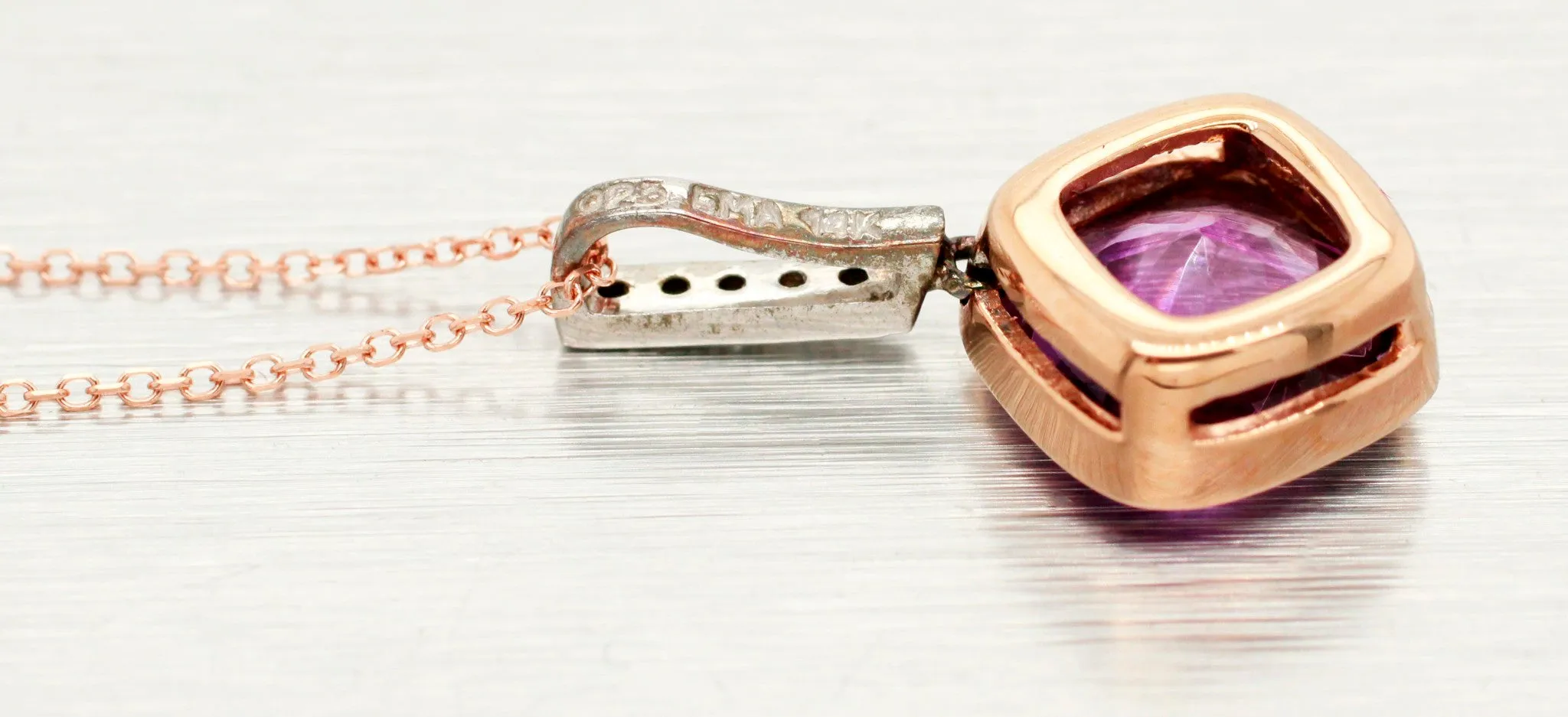 Vintage Square Amethyst & Diamond Pendant - 14k Rose Gold Necklace - 18"