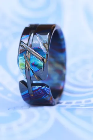 Weathered zirconium timascus damascus ring, cross zrti ring