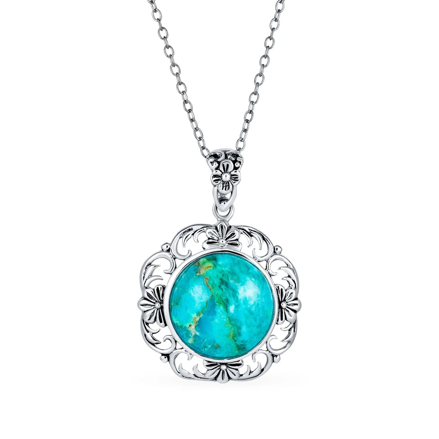Western Jewelry Turquoise Gemstone Octagon Medallion Pendant Necklace in Silver