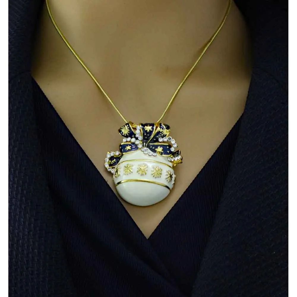 White and Blue Christmas Ornament Pendant on Gold Chain - XP347N