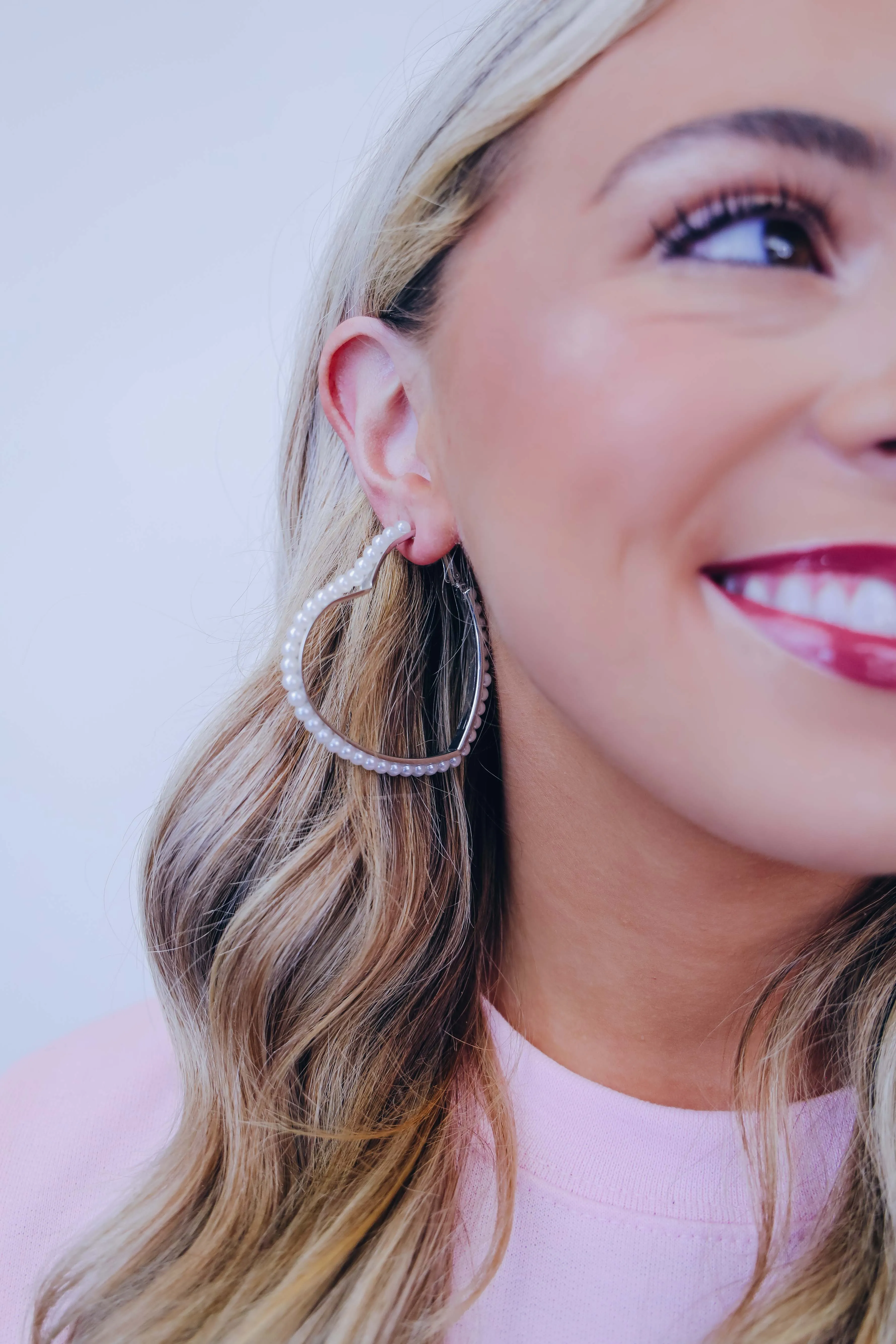 White Beaded Heart Hoop Earrings