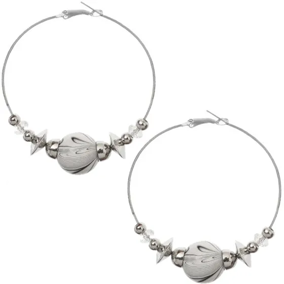 White Beaded Medium Hoop Earrings