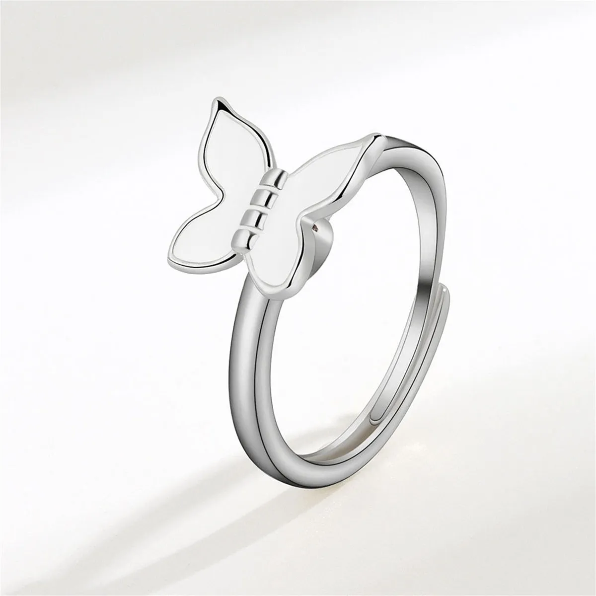 White Enamel & Silver-Plated Rotatable Butterfly Adjustable Ring