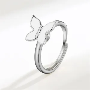 White Enamel & Silver-Plated Rotatable Butterfly Adjustable Ring