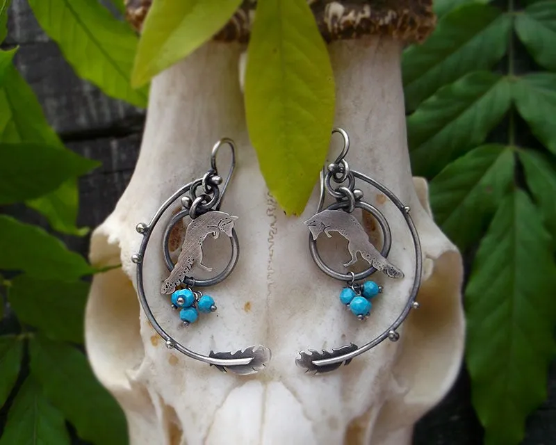 Wild October Earrings - Silversmithed  Fox Feather and Turquoise Earrings