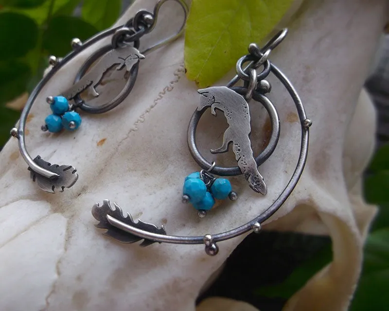 Wild October Earrings - Silversmithed  Fox Feather and Turquoise Earrings