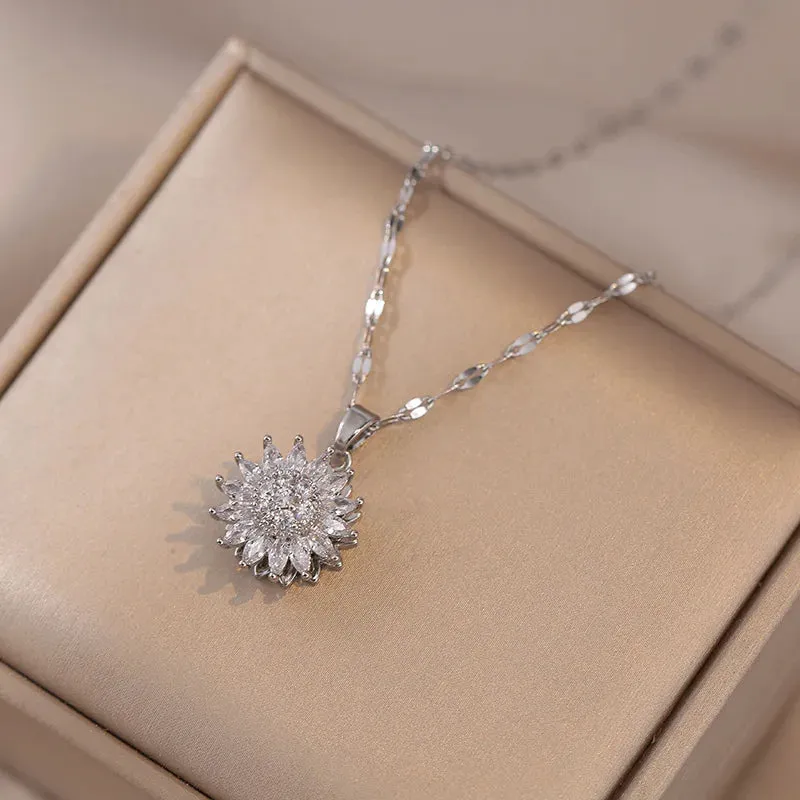 Women's Necklace Rotatable Zircon Sunflower Sunflower Creative Pendant Necklace