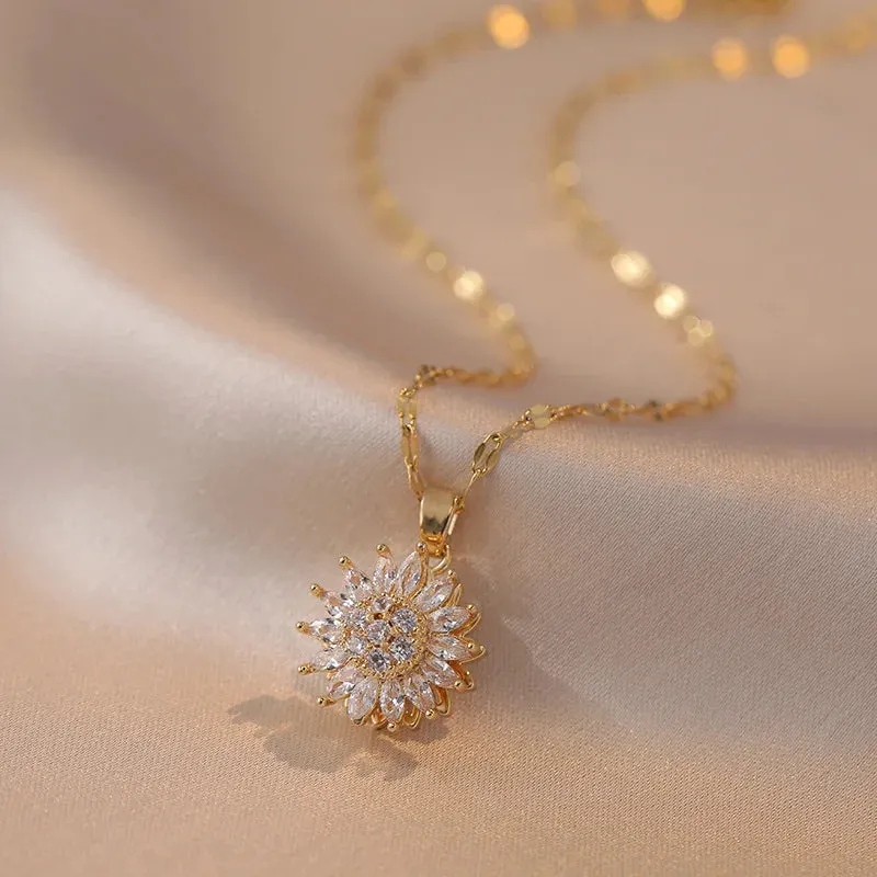 Women's Necklace Rotatable Zircon Sunflower Sunflower Creative Pendant Necklace