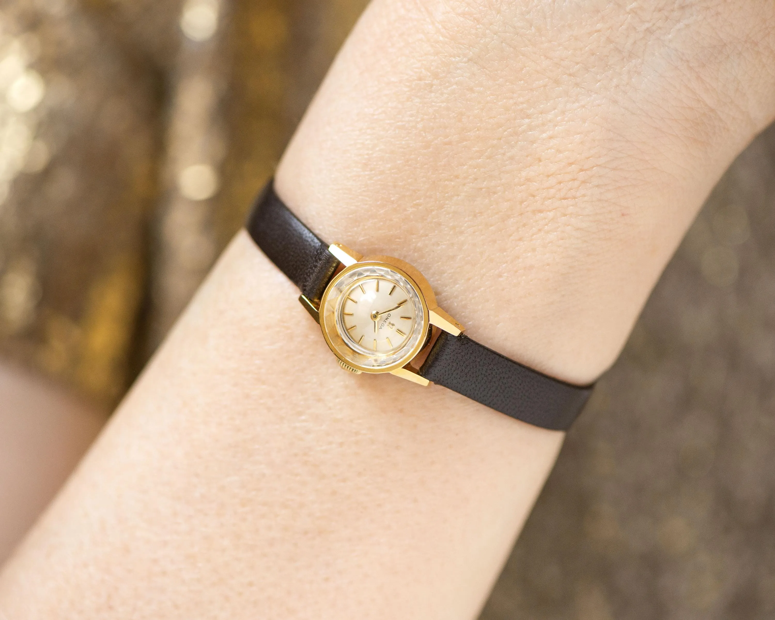 Women's watch OMEGA tiny wrist gold plated vintage Swiss watch Ω, serviced timepiece cal 483 dainty jewelry gift, new premium leather strap