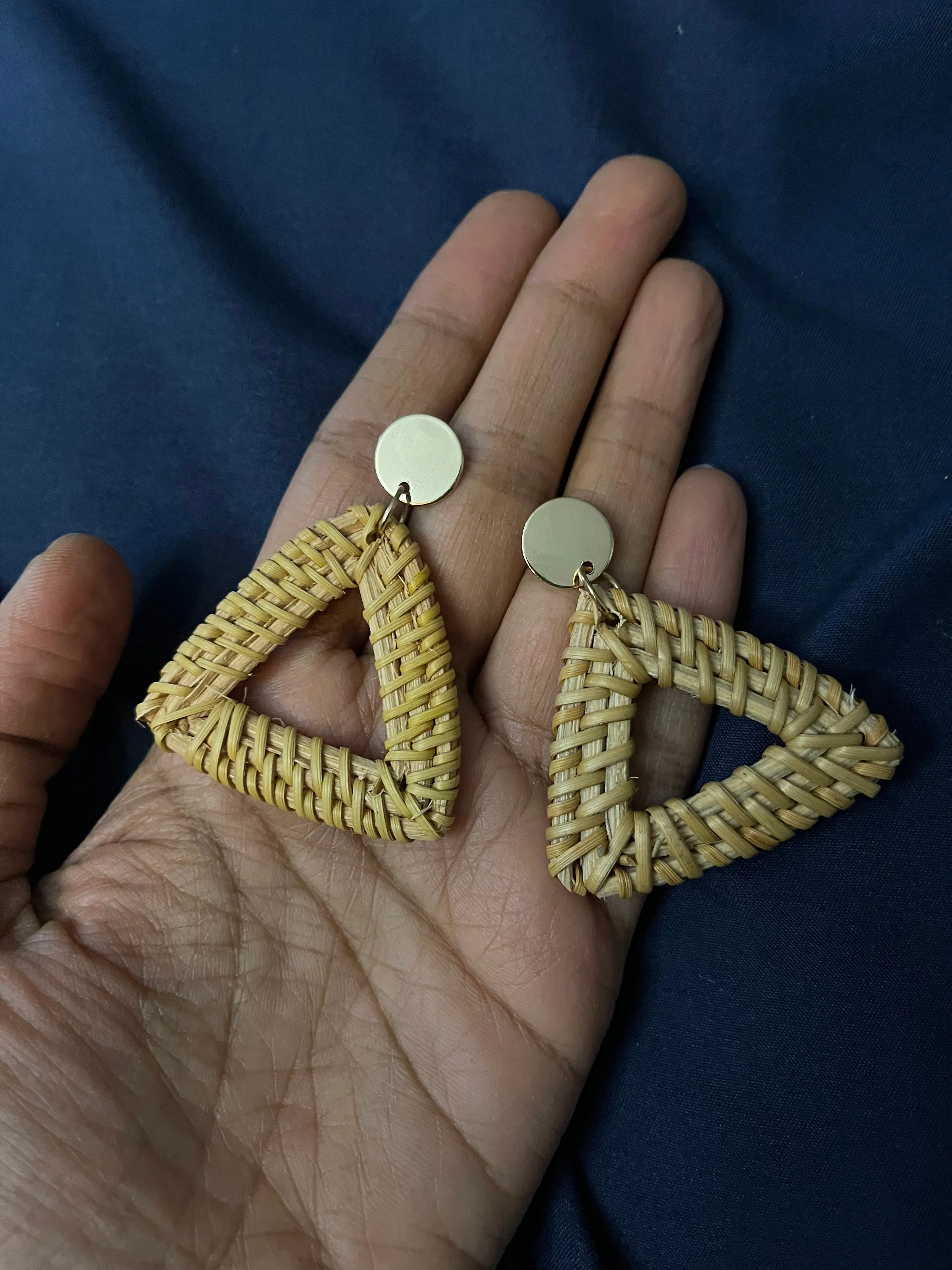 Wood earrings , rattan handwoven triangle  statement earrings , light brown earring , big  , beach earrings , gold boho earring bohemian