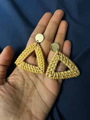 Wood earrings , rattan handwoven triangle  statement earrings , light brown earring , big  , beach earrings , gold boho earring bohemian