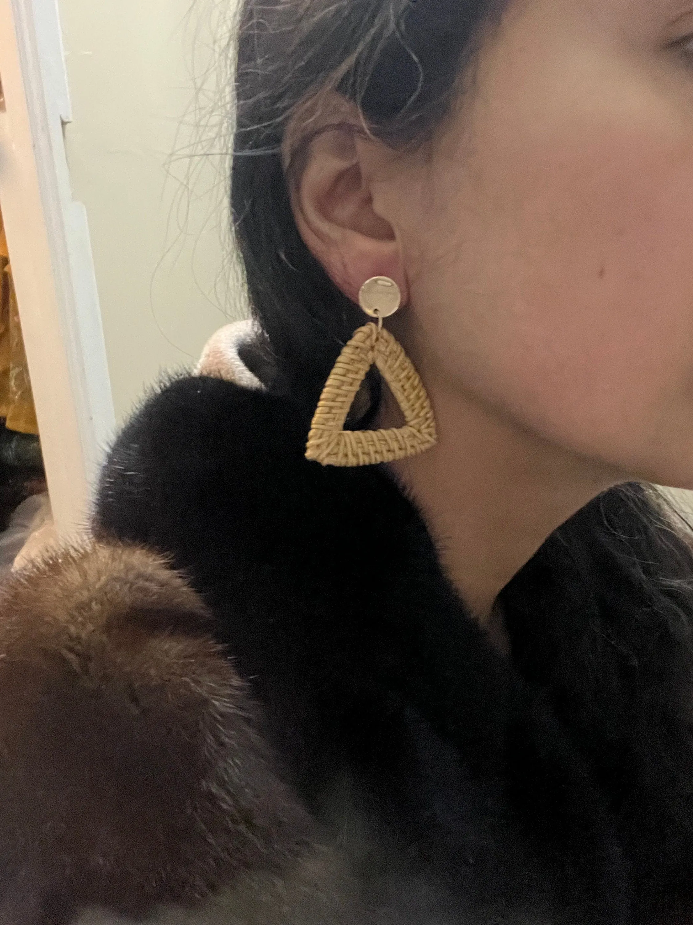 Wood earrings , rattan handwoven triangle  statement earrings , light brown earring , big  , beach earrings , gold boho earring bohemian
