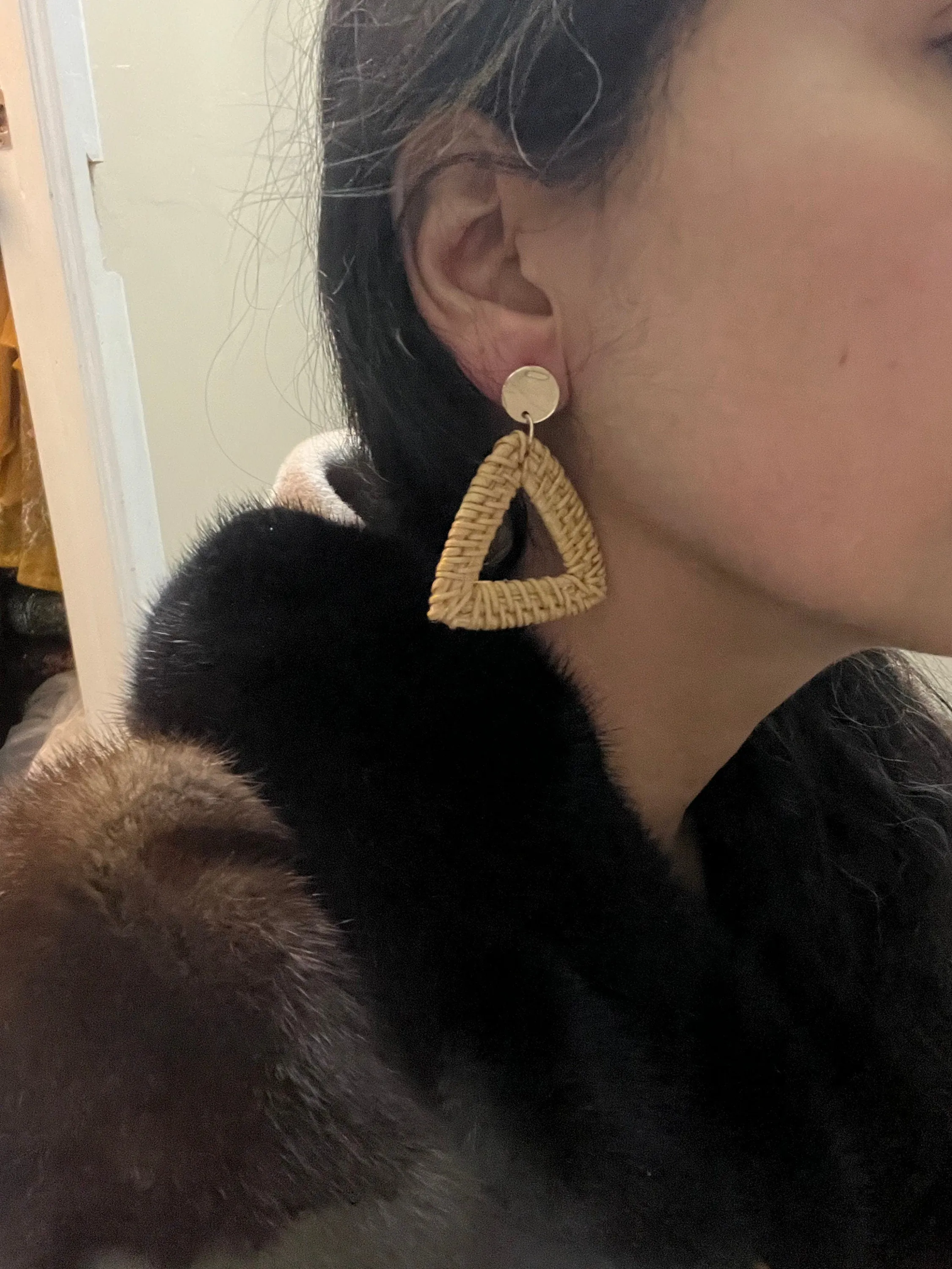 Wood earrings , rattan handwoven triangle  statement earrings , light brown earring , big  , beach earrings , gold boho earring bohemian