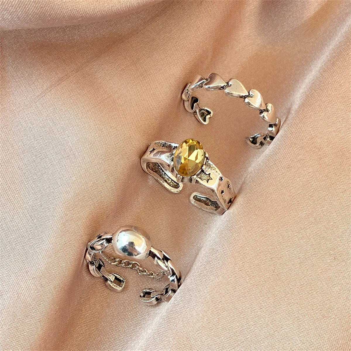 Yellow Crystal & Silver-Plated Oval Bezel Open Ring Set