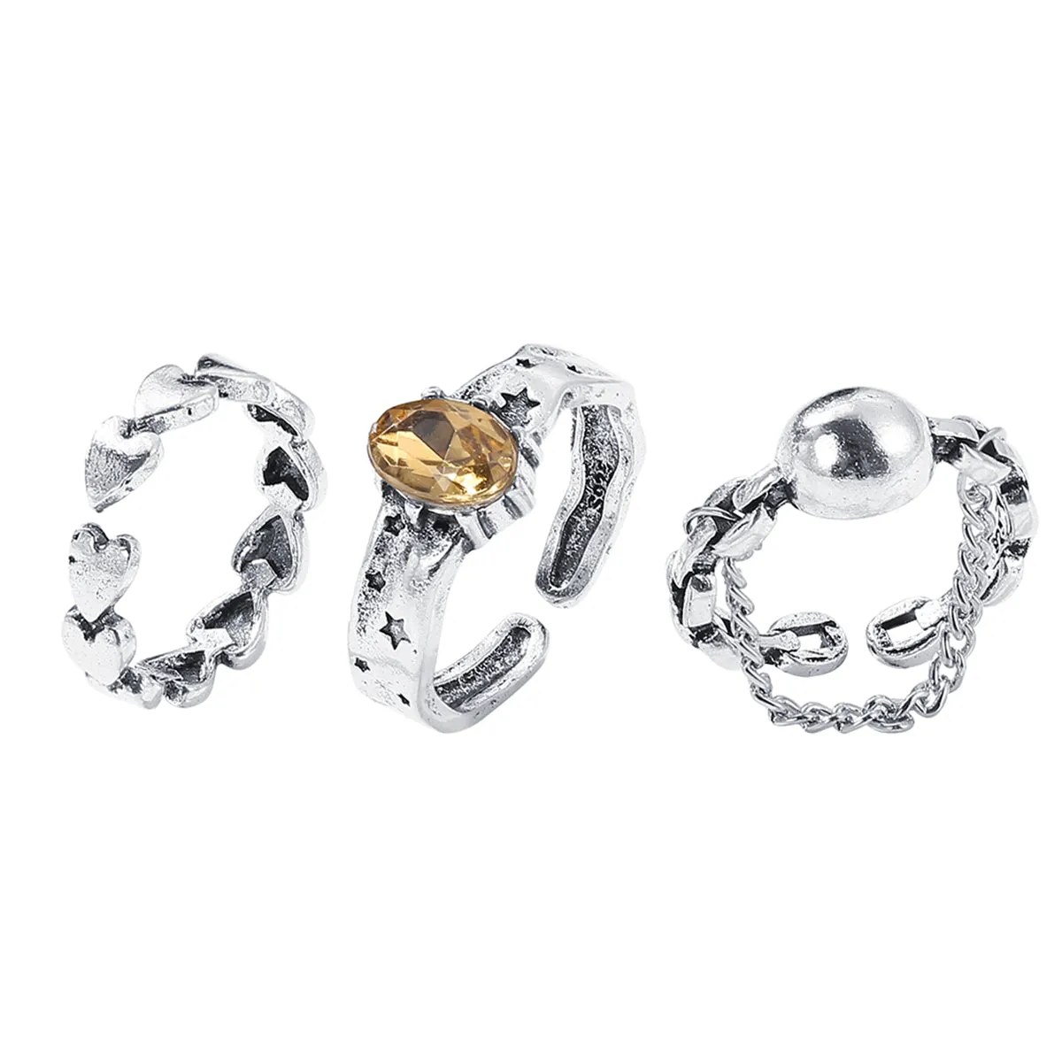 Yellow Crystal & Silver-Plated Oval Bezel Open Ring Set