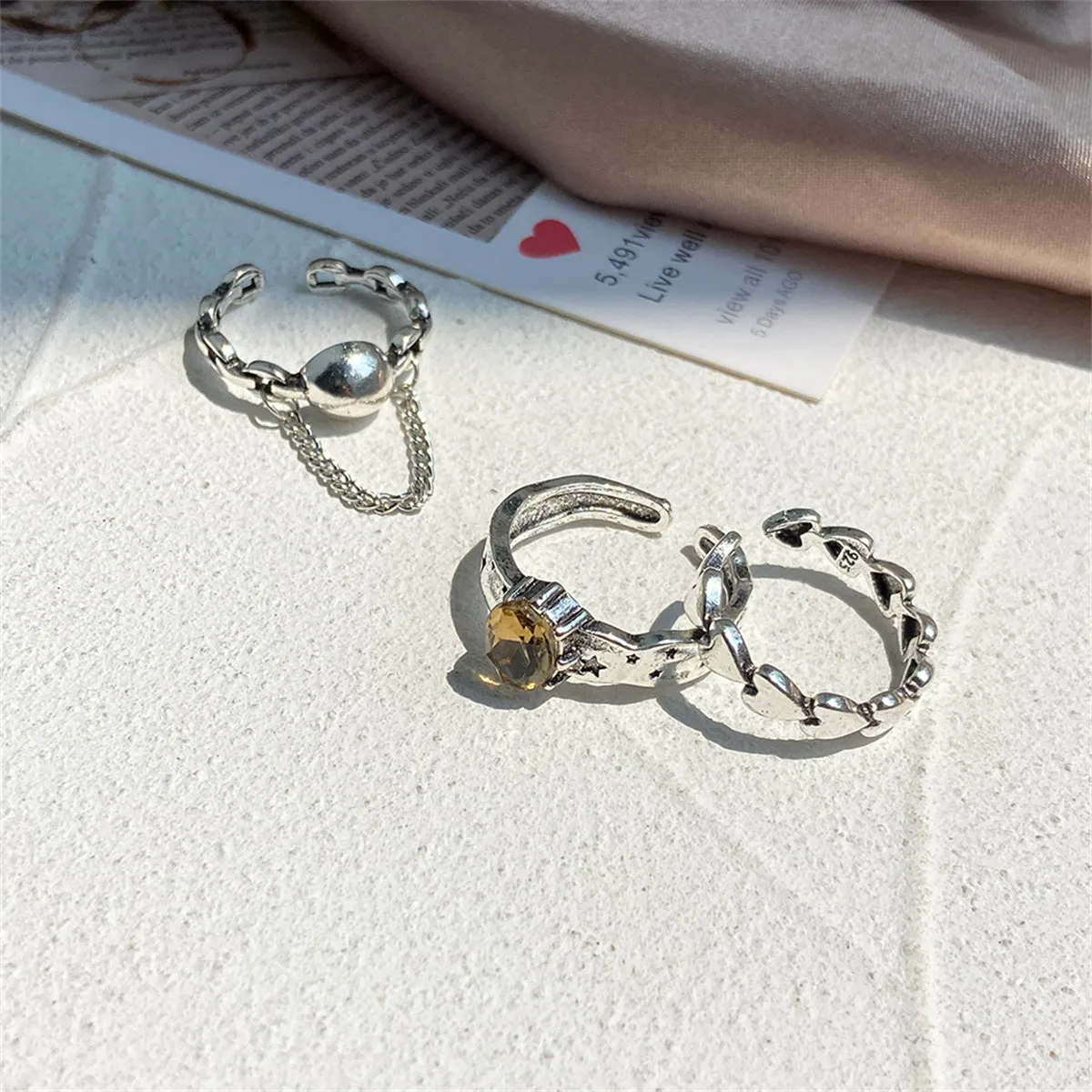 Yellow Crystal & Silver-Plated Oval Bezel Open Ring Set