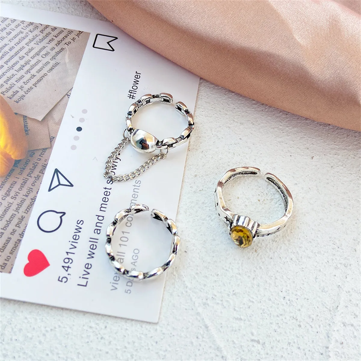 Yellow Crystal & Silver-Plated Oval Bezel Open Ring Set