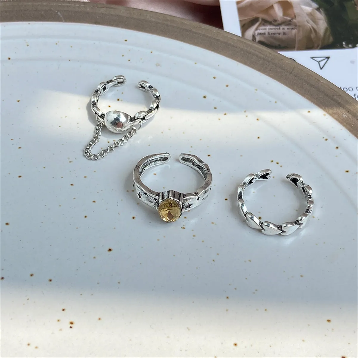 Yellow Crystal & Silver-Plated Oval Bezel Open Ring Set