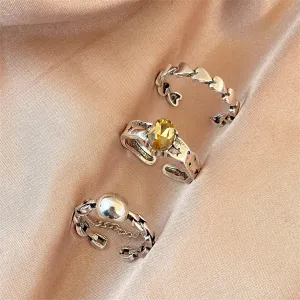 Yellow Crystal & Silver-Plated Oval Bezel Open Ring Set