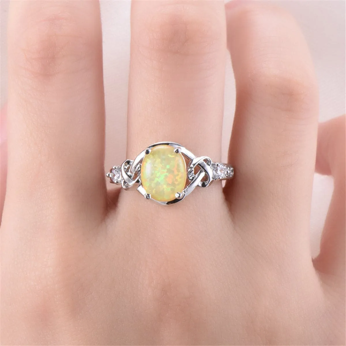 Yellow Opal & Silver-Plated Oval Ring